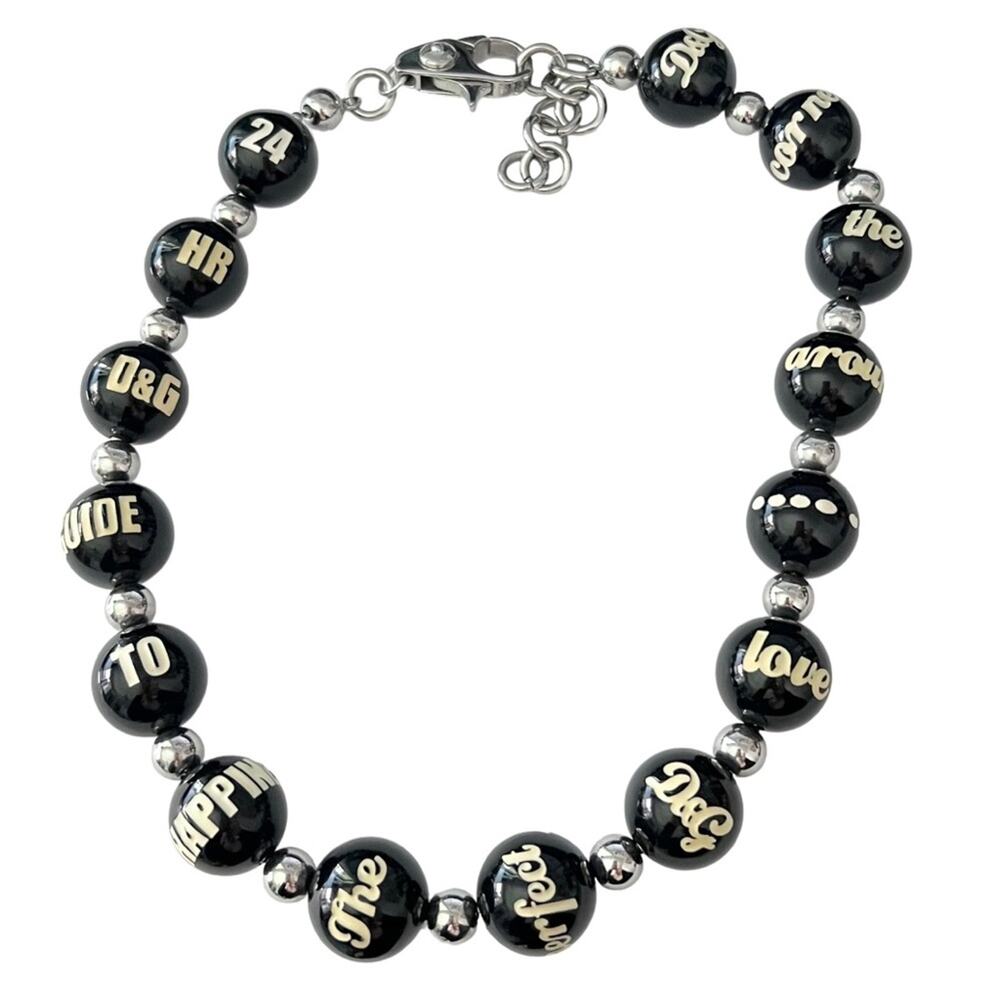 VTG Dolce & Gabbana Silver Black Resin Logo Beaded Guide To Happiness Necklace